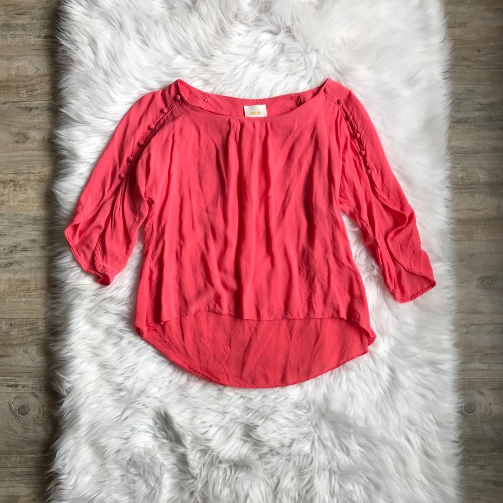 Anthropologie Pink Quarter Sleeve Hi Low Blouse XS
